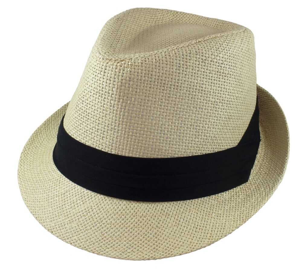 3869 Summer Fedora Panama Straw Hats with Black Band M215-Beige-L/XL